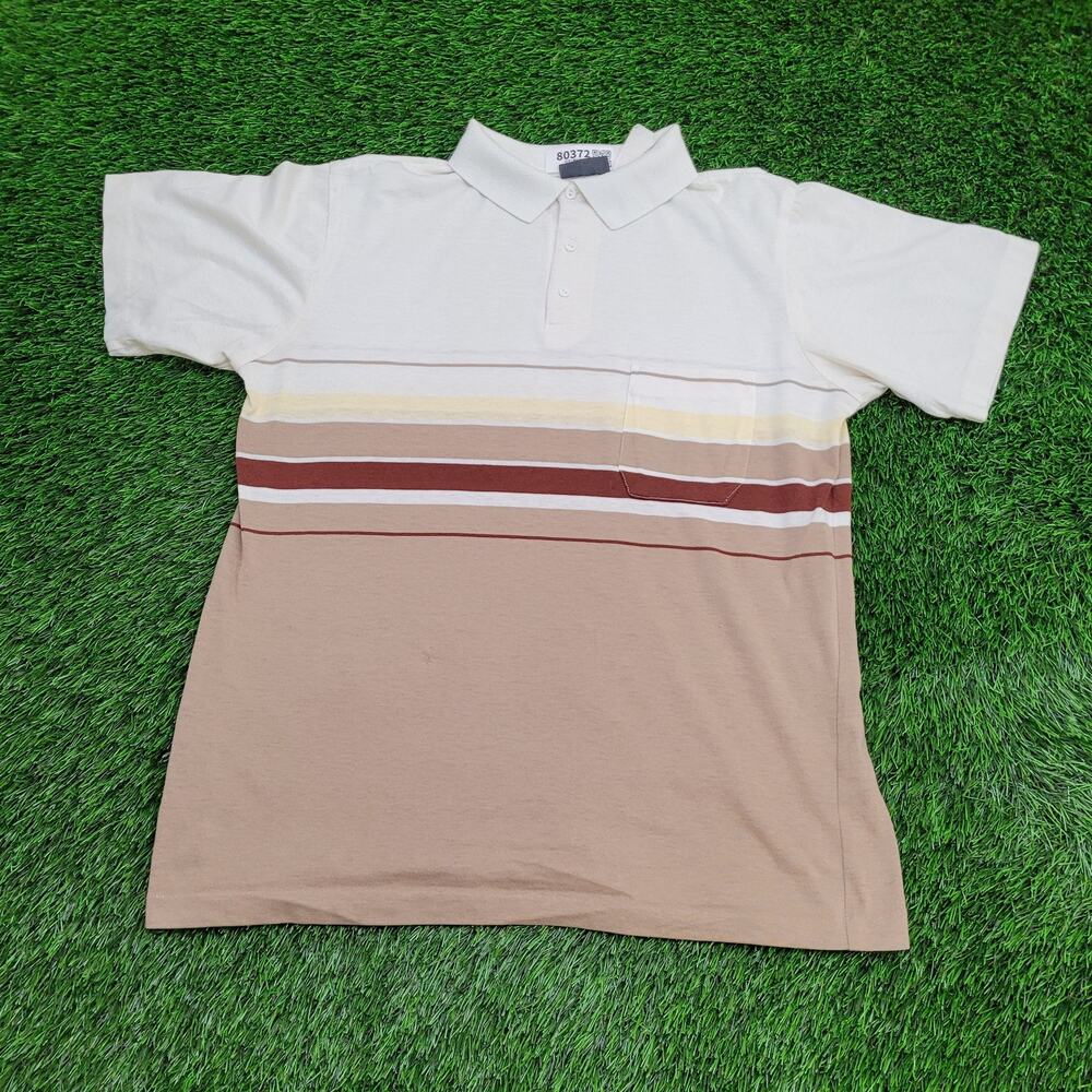 Vintage 90s MOD Stripes Pocket Polo Shirt Large 23x27 Beige